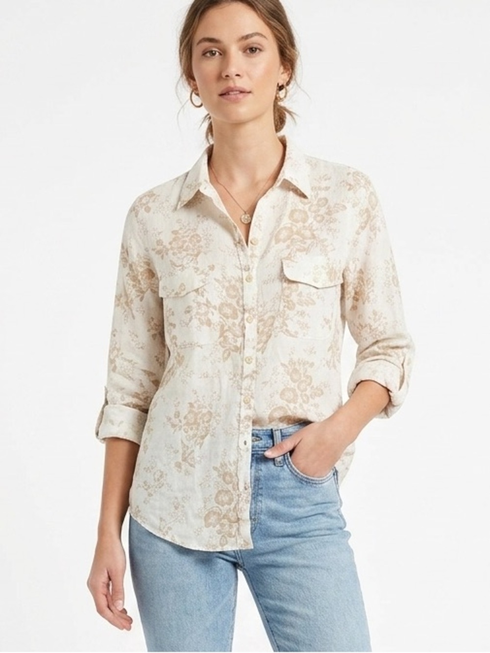 CP Shades 100% Linen Floral Button Down Shirt XS (fits S) Made in USA